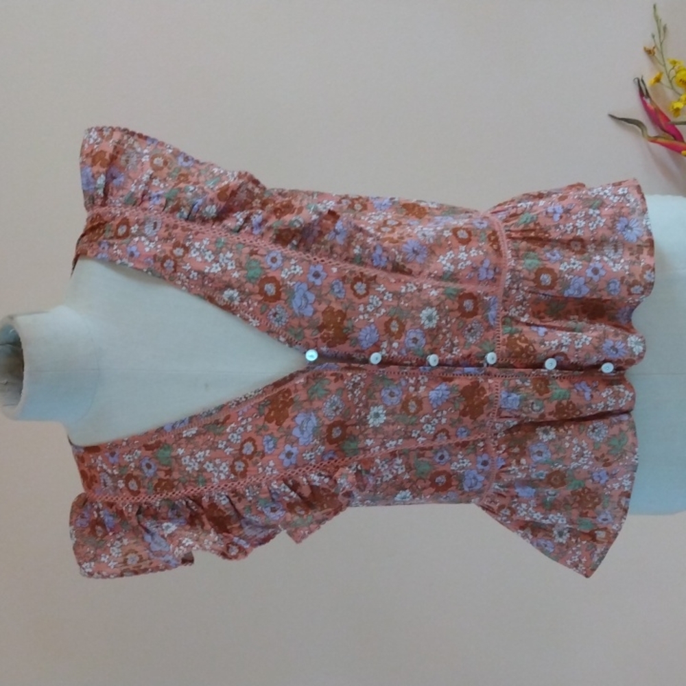 Veronica Beard Floral Ruffle Peplum Top in Rust and Lavender